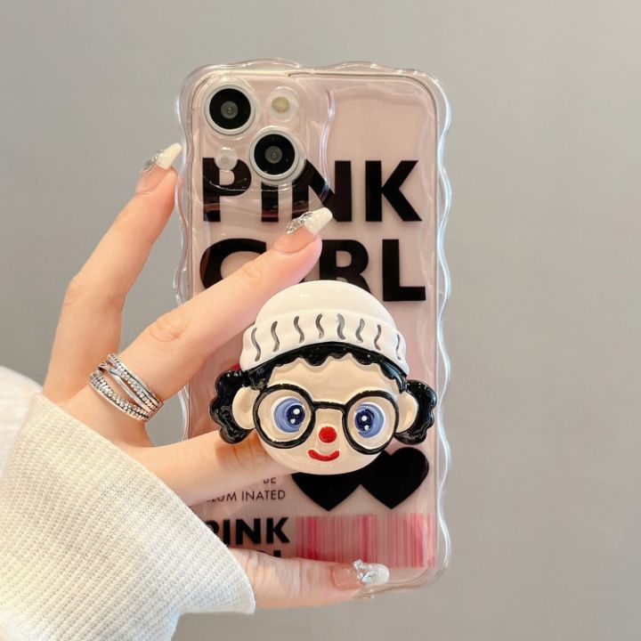 For iPhone 14 Pro Max Cartoon Glasses Girl Holder Phone Case(Pink