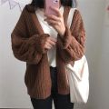 Lucyever Vintage Brown Knitted Cardigans for Women Korean Loose Long Sleeve Crochet Sweater Top Woman Casual Solid Lazy Sweaters. 