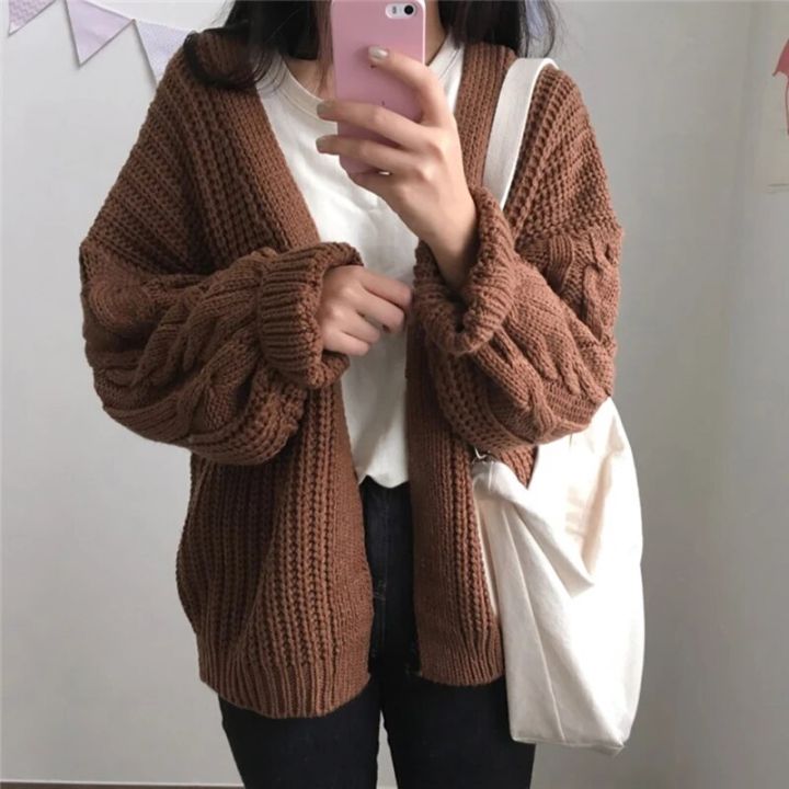 Lucyever%20Vintage%20Brown%20Knitted%20Cardigans%20for%20Women%20Korean%20Loose%20Long%20Sleeve%20Crochet%20Sweater%20Top%20Woman%20Casual%20Solid%20Lazy%20Sweaters%20-%20Image%203