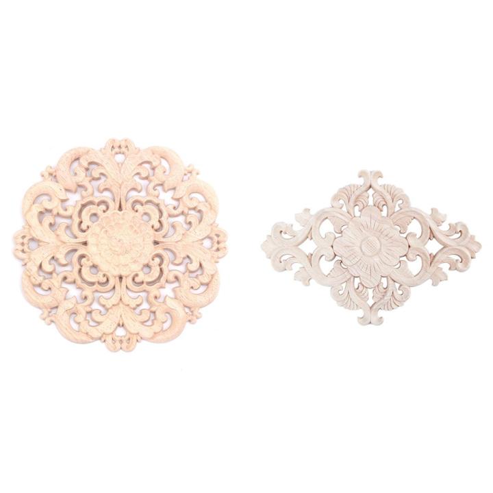 Harmony 2 Pcs Rubber Wood Carved Long Applique Unpainted Flower Walls Cabinets Door Decor Wood Color, 21X15cm & 15cm Type B