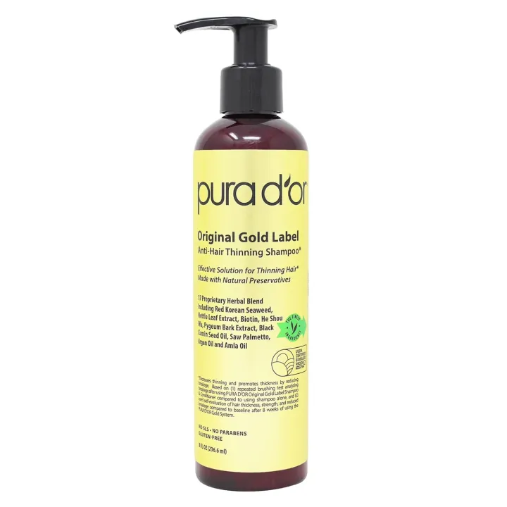 PURA D'OR 8 Oz Original Gold Label Anti-Thinning Biotin Shampoo Natural Earthy Scent, CLINICALLY TESTED Effective Results, Herbal DHT Blocker Hair Thickening Products, Women & Men, Color Treated Hair