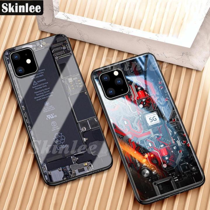 For iPhone 11 Back Cover Version Theme Case Tempered Glass Protection shockproof Cover for iPhone 11 case Transparent Circuit Board Design Full Coverage Phone cases