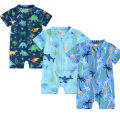 DSstyles Infant Boy Swimsuit Short Sleeve Cartoon Printing Rash Guard Swimwear Summer Zip Up Bathing Suit For 0-3 Years Old Kids. 