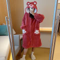 Coral velvet pajamas women's autumn and winter cute plush padded bathrobe robe robe long flannel loungewear set. 
