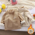 Children's fleece thickened base shirt, autumn and winter clothes, baby half-high neck, inner layer, boys and girls warm embroidered bear sweatshirt.