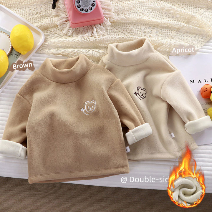 Children's fleece thickened base shirt, autumn and winter clothes, baby half-high neck, inner layer, boys and girls warm embroidered bear sweatshirt