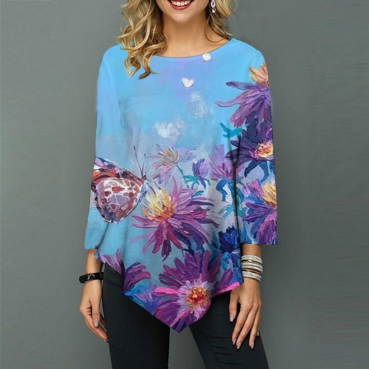 Spring Summer Irregular Print 3/4 Sleeve T-Shirts Women Clothing Fashion Casual Tops Plus Size Loose Pullovers Tee Shirt Femme