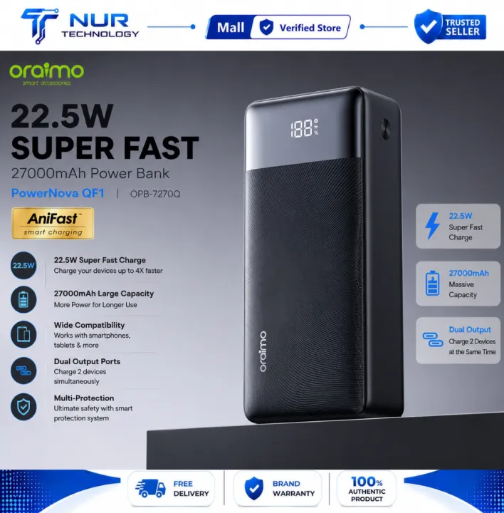 Oraimo PowerNova QF1 27000mAh 22.5W Black Power Bank with Digital Display(OPB-7270Q)