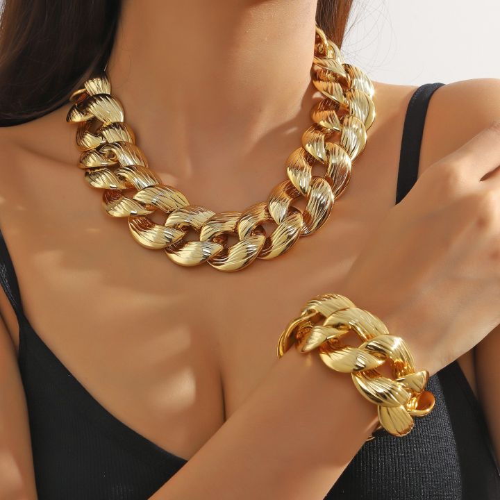 1 Necklace + 1 Bracelet Hip Hop Style Jewelry Set Chunky Cuban Chain Design Suitable For Men And Women Match Daily Outfits