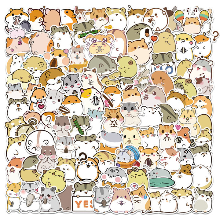 100 Cute Cartoon Hamster Doodle Stickers, Waterproof DIY Luggage Notebook Skateboard, Kids Reward Stickers