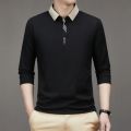 Men's Long Sleeve Turn-down Collar Waffle T-shirt Business Casual Contrast Line Polo Shirt. 
