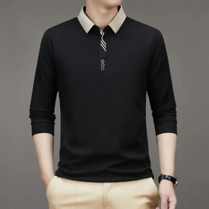 Men's%20Long%20Sleeve%20Turn-down%20Collar%20Waffle%20T-shirt%20Business%20Casual%20Contrast%20Line%20Polo%20Shirt%20-%20Image%204