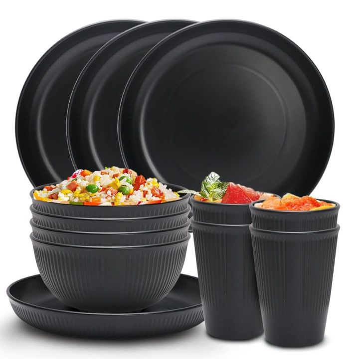 3pcs/set Eco-friendly Plastic Black Tableware Set Vertical Stripes Anti-fall Cutlery Set Plate/Bowl/Cup Party