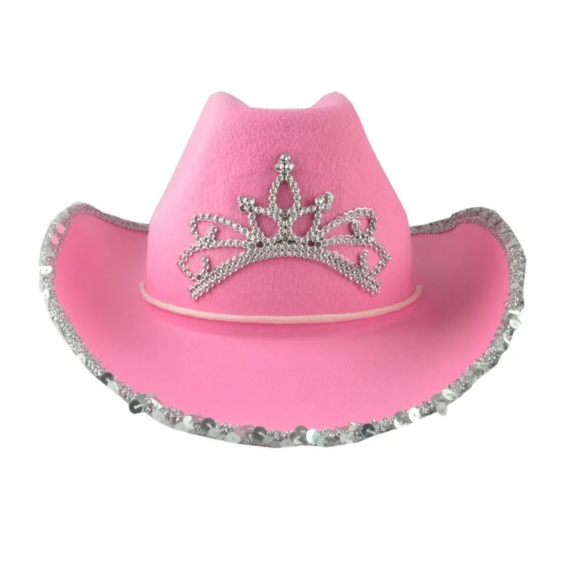 Western Style Pink Tiara Cowgirl Hats for Women Girl Rolled Fedora
