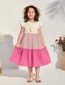 Kids’ Patchwork Midi Dress – Casual, Color Block, Flounce Sleeves, High Waist, Plain Design.