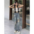 High Waist American Hot Girl Washed Make Old Ripped Jeans Women's Straight Loose Slimming Drooping Wide-Leg Pants.