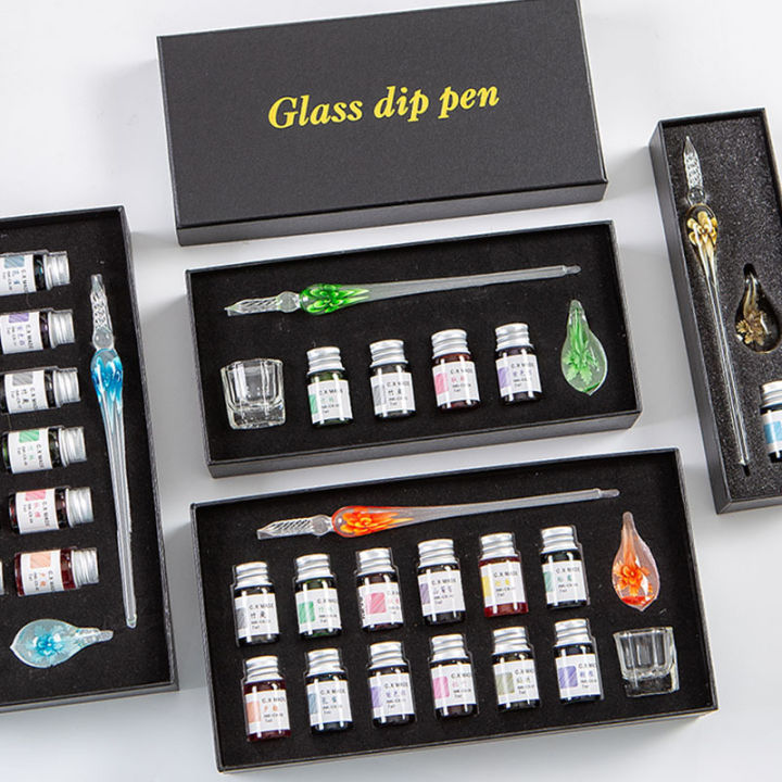 Intarsia glass pen dip pen gift box creative crystal signature pen high-grade water dipping pen gold powder ink set