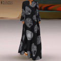 ZANZEA Women Long Sleeve V Neck Sundress Retro Printed Cotton Line Maxi Dress Plus Size. 