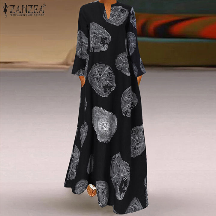 ZANZEA Women Long Sleeve V Neck Sundress Retro Printed Cotton Line Maxi Dress Plus Size