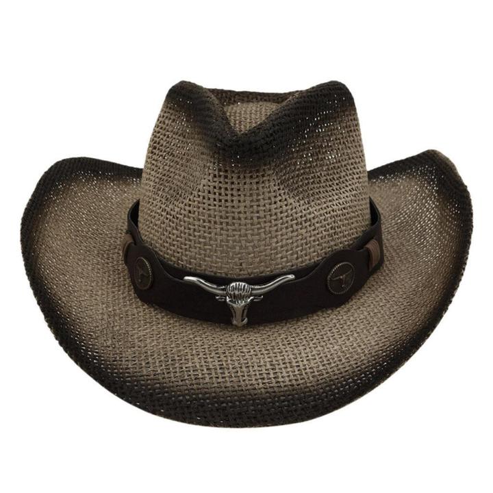 【Hot item】 Fashion Men Women Retro Western Cowboy Riding Hat Leather Wide Brim Cap Hat Straw Sun #R10