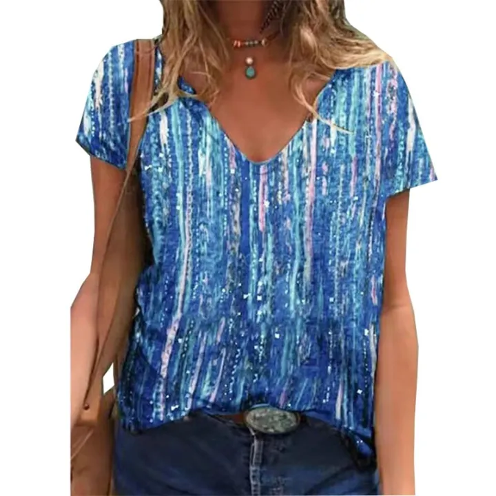 Short%20Sleeve%20Women%20T-Shirts%20Summer%20Female%20High%20Street%20Tee%20Lady%20Striped%20Print%20Casual%20Tops%205XL%20Large%20Size%20V-Neck%20T-Shirt%20Pullovers%20-%20Image%207
