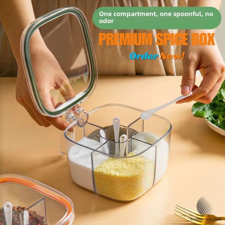 4 Compartment Transparent Spice Box with Spoon – Airtight Kitchen ...