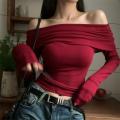 Tops Off Shoulder Long Sleeve Crop Top Women's Autumn/Winter 2023 New Spicy Girl Slim Fit Short Red T-shirt.
