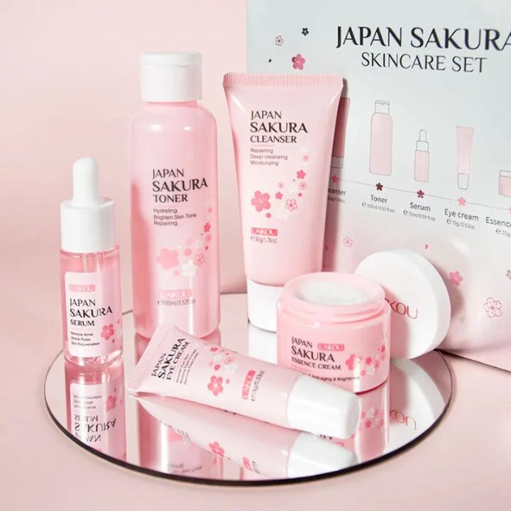5-piece Gift Box Cherry Blossom Sakura Skin Care Set Collagen Eye Cream Serum Facial Cleanser Toner Facial Cream Beauty Makeup