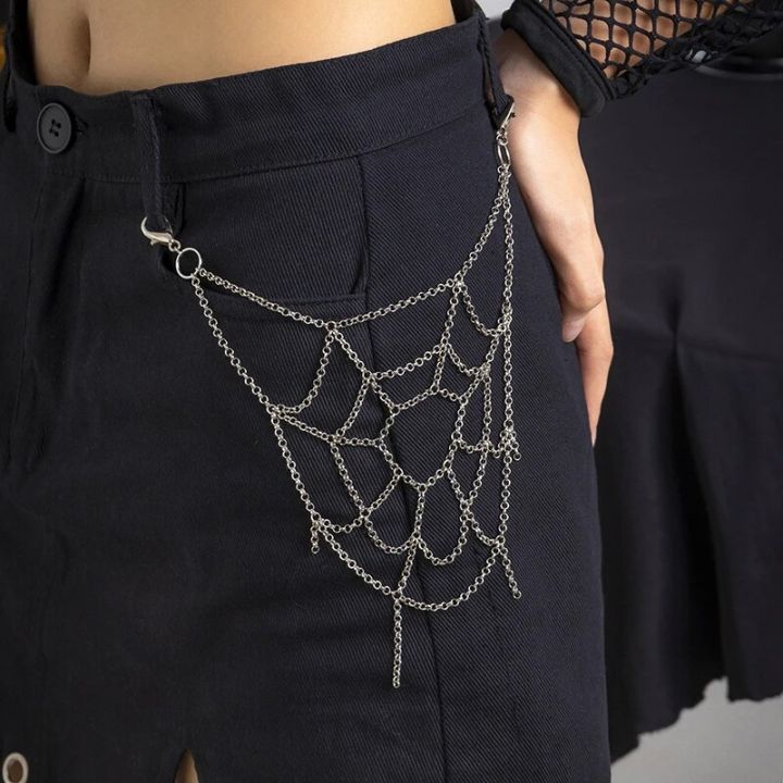 Punk Waist Chain Belt in Spider Web Silver Trousers Chain for Women Girl Men Jeans Belt Chain for Clothes Pant Cool Metal Chain