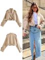 ZBZA Women's Fashion Belt Embellished Short Trench Coat Long Sleeve Front Button High Street Jacket Khaki Twill Slim Fit Jacket. 