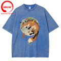 Fire cartoon fox Japanese print men T-shirt Kawaii Cute clothing Harajuku casual men's shirt male vintage washed cotton t shirts.