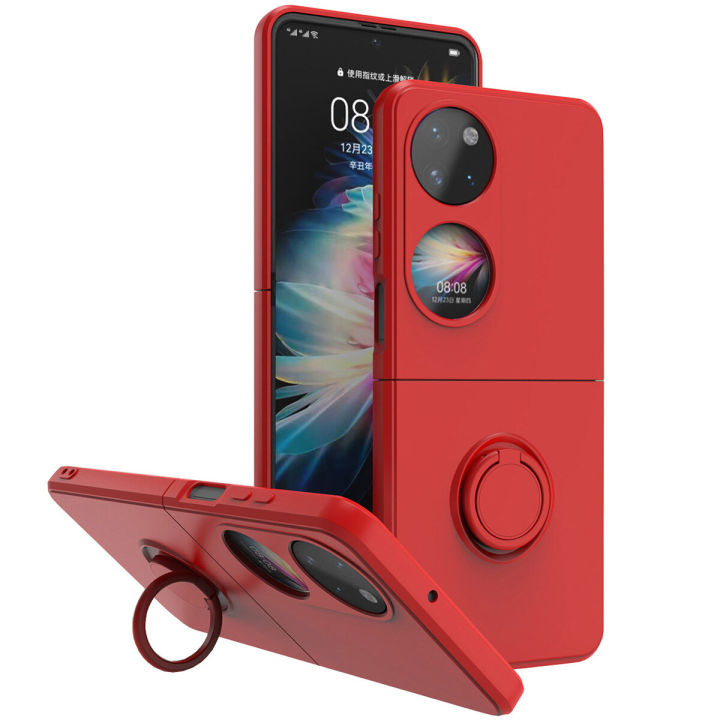 lthmy for Huawei P50 Pocket Case Slim Silicone Rubber Shockproof Protective Cover with Ring Holder Stand