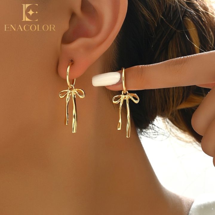 Enacolor New Simple Chic Creative Fashion Gold Metal Bow Fringe Earrings Elegant Female Jewelry