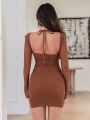 Mozision Two Layer Mesh Mini Dress For Women Elegant Square Collar Full Sleeve Bodycon Ruched Party Short Dress Vestido. 
