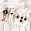 LooKeo Mall Fashion Ocean Heart Glass Face Women's 6pcs Watch Set with Water Diamond Pendant and Steel Band For Personal Use Or Gift Birthday Party. 