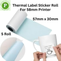 Waterproof Label Stickers 5 Rolls 57mm x 30mm Sticker Paper Rolls for 58mm Thermal Printer, POS Printer, Receipt Printer, Mini Thermal Printer, Pocket Printer. 