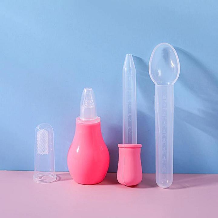 4 Pcs Kit Baby Health Care Set (Nose Cleaner, Dropper, Finger Brush, Medi Spoon Multicolor
