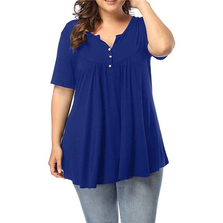5XL%20Plus%20Size%20Women%20Short%20Sleeve%20Loose%20T-Shirt%20Casual%20Solid%20Button%20Pleated%20Tunic%20Tops%20Large%20Female%20Pullover%20Tops%20Summer%20Clothes%20-%20Image%207