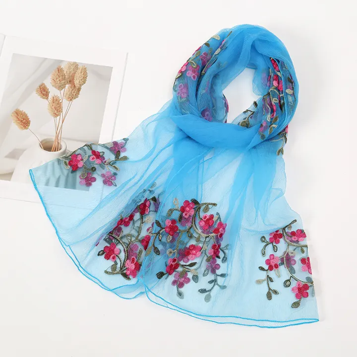 New%20Floral%20Embroidery%20Chiffon%20Silk%20Scarf%20Women%20Muslim%20Hijab%20Headscarf%20Soft%20Wraps%20Headband%20Summer%20Sunscreen%20Shawls%20Beach%20Shawls%20-%20Image%207