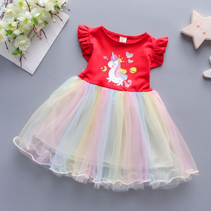 【Factory-direct】 ruffle cuffs unicorn print infant dress summer girl baby gauze dress cartoon girl CHILDREN'S clothes