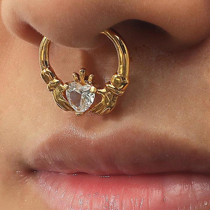 Punk U Shaped Nose Ring Hoop Septum Rings Copper Hand Crystal Heart Nose Piercing Piercing Non Pircing Jewelry Cuff