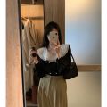 Korean Style Contrast Color Double Doll Collar Shirt Women's Spring New Pleated Chiffon Shirt Top. 