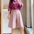 Women Summer Solid High Waist Shorts Loose Korean Style Fashion Vintage Female Knee Length Straight Wide Leg Suit Pants.