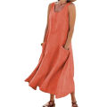 Women Sleeveless Sundress Elegant Round Neck Solid Long Tank Dress Vintage Pockets Beach vestidos.