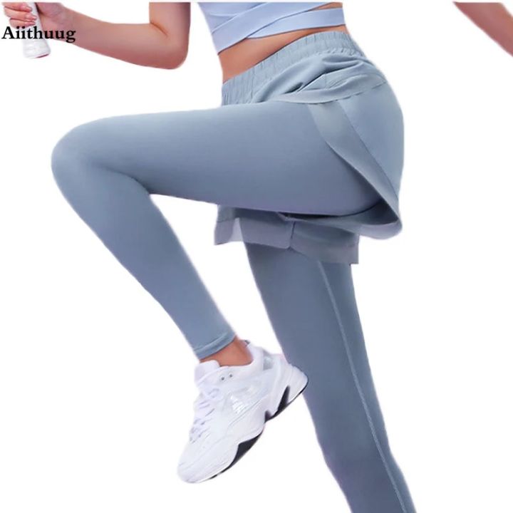 Aiithuug Women 2 In 1 Running Leggings with Pocket Wide Elastic Waistband Workout Capris Yoga Running Biker Gym Sports Pants