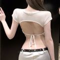 Pure Desire Wind Backless Tight High Waist Short Sleeve T T-shirt Women's Black Hot Girl Tied Slim Fit Chic Short Top New. 