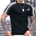 Men's Spring Summer New Waffle Pattern Shirt For Men Pullovers High-quality Casual Knitted Heavy Round Neck Top Tees.