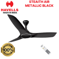 Havells Stealth Air 1200MM / 48" Most Silent BLDC Remote Controlled Ceiling Fan Premium Look and Finish (Metallic Black).