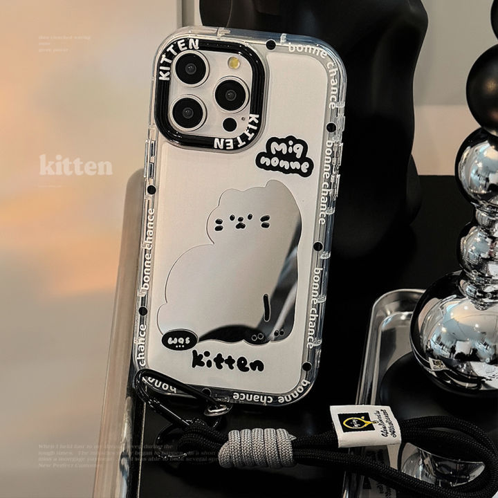 Sroof Case For iPhone 11 12 13 14 15 Pro Max X XR XS Max New niche INS  style mirror cartoon sweet cool makeup mirror cat phone case back cover 
