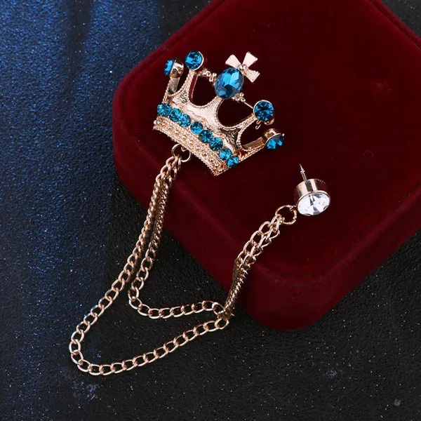 Crystal Light Blue Stone Crown Chain Crown Brooch For Men & Women Fashion Accessories